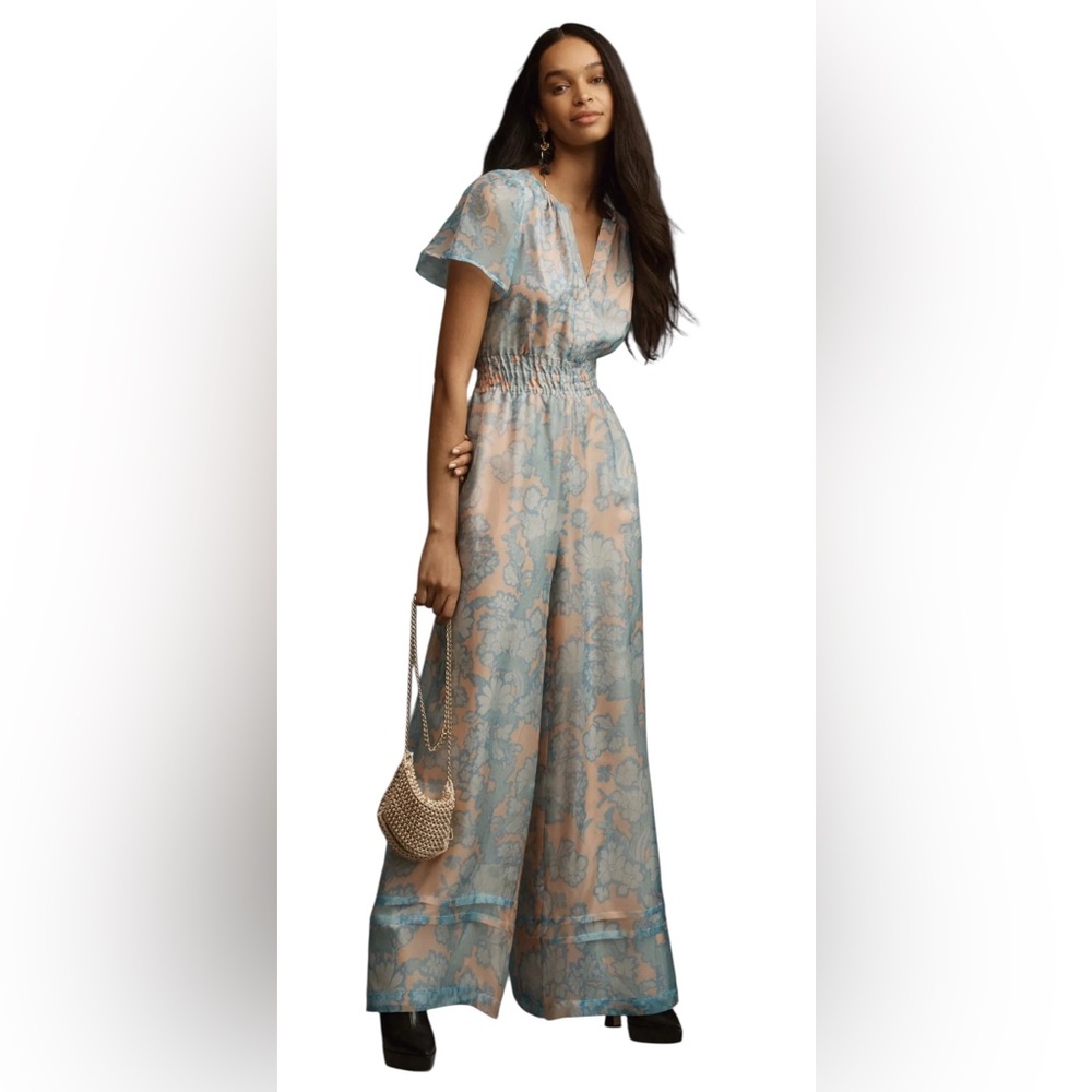 Floral Print Wide-Leg Jumpsuit in Blue and Peach